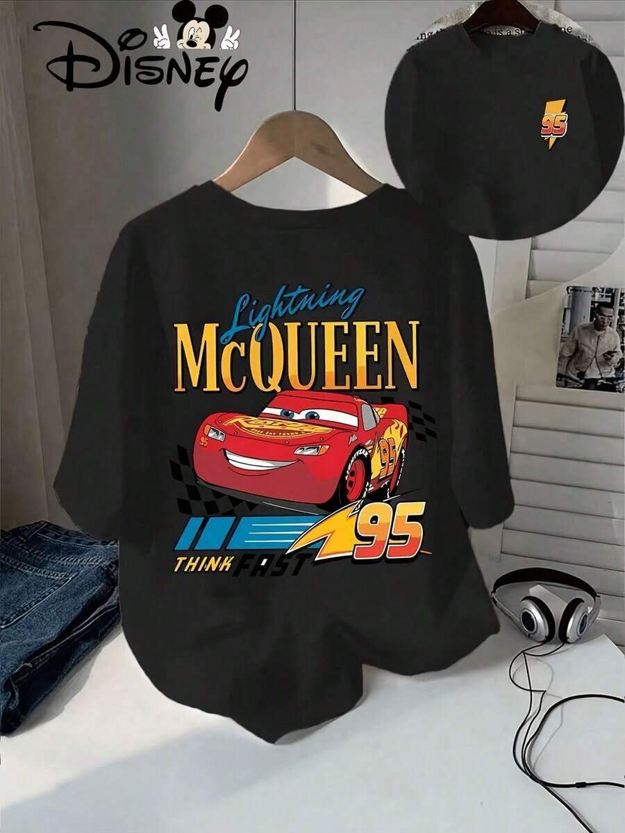 Lightning McQueen Pattern In Cars, Disney Summer New Short Sleeved T-Shirt Top For Women, Casual And Fashionable Printed T-Shirt For Female Actors And Actresses, Disney Shirt, Disney Shirts, Summer Outfits For Women, Spring Outfits For Women, Officially Licensed Disney T-Shirts, Disney Men's And Women's Spring/Summer Fashion Casual Short-Sleeve T-Shirts - 黑色 - 查看 1