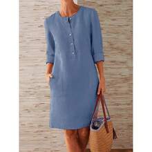 Vestido tipo túnica informal de algodón y lino de manga larga para mujer, vestido recto Vintage de manga larga, minivestido largo hasta la rodilla de gran tamaño - Caqui - Ver 4