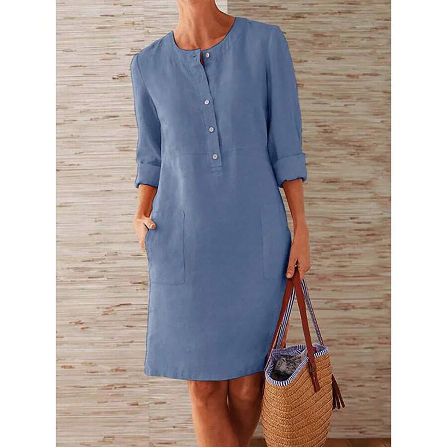 Vestido tipo túnica informal de algodón y lino de manga larga para mujer, vestido recto Vintage de manga larga, minivestido largo hasta la rodilla de gran tamaño - Azul - Ver 1