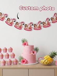 7/14/21pc Custom Photo Flamingo Pool Float Party Banner, Personalized Tropical Summer Face Garland, Custom Flamingo Bunting, Beach/Pool Birthday Decor, Unique Flamingo Float Themed Party Banner, Customizable Summer Pool Party Decoration - Multicolor - View 3