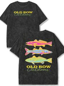 Plus Size Women's Retro Distressed Colorful Fishing Pattern Letter Print Round Neck Short Sleeve T-Shirt, Casual Outdoor Versatile Top, Suitable For Fishing, Camping, Daily Wear, Spring/Summer New Black - Black - View 1