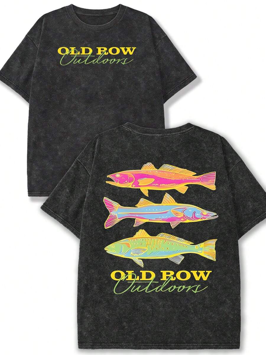 Plus Size Women's Retro Distressed Colorful Fishing Pattern Letter Print Round Neck Short Sleeve T-Shirt, Casual Outdoor Versatile Top, Suitable For Fishing, Camping, Daily Wear, Spring/Summer New Black - Black - View 1
