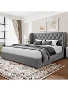 Modern Velvet Upholstered Bed Frame With Curved Wingback Design, Wooden Platform Bed Frame For Bedroom,No Box Spring Needed, Easy Assembly, Full Bed Frame/ Queen Bed Frame/ King Bed Frame/ Full Size Bed Frame/ Queen Size Bed Frame/ King Size Bed Frame,Pink/ White/ Grey - Dark Grey - View 12