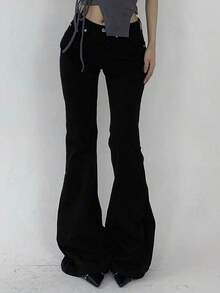 Jeans de tiro bajo con diseño de bolsillo, estilo casual y versátil - Negro - Ver 7