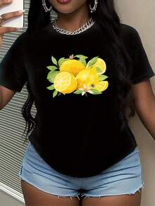 Summer Tops For Women With Lemon Print - Loose-Fitting, Short-Sleeved, Round-Neck Summer Top With A Lemon Slice And Leaf Pattern, Soft And Breathable Black Shirt, Suitable For The Beach, Picnics, And Leisure Wear - Lemon Pattern T-Shirt (Machine Washable), Women's T-Shirt, Plus-Size Summer Clothing, Women's Summer T-Shirt, Round-Neck T-Shirt, Women's T-Shirt, Plus-Size Women's Clothing, Women's Clothing, Women's Plus-Size Clothing, Women's T-Shirt, Floral Pattern, Plus-Size Women's Clothing, Top, Spring Clothing, Women's T-Shirt, Women's T-Shirt, Women's Tops And Blouses, Women's Black Shirt, Women's Short-Sleeved Shirt, Women's T-Shirt, Women's Cotton Top. - Black - View 1
