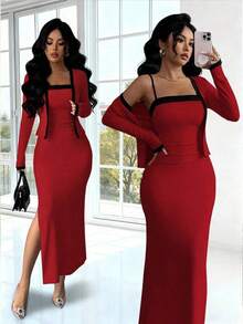 Set de 2 piezas de Vestido de tirantes y Cárdigan de manga larga con bloque de color elegante para mujer, adecuado para fiesta, reunión familiar, Navidad, Halloween, San Valentín, Año Nuevo, ir al trabajo y uso diario casual, otoño/invierno - Rojo - Ver 5