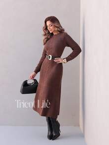 Women's Midi Dress In Mousse Knit, Long Sleeves With Braided Detail, Fitted Waist, Elegant, Winter, Premium, Casual, Party, Work, Travel - 咖啡棕色 - 查看 9