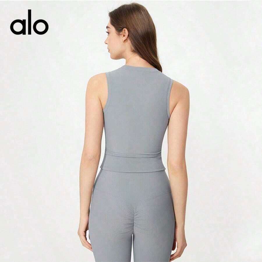 Alo Yoga Sleeveless Sports Vest, Short-Sleeved Top, Slim Fit, Suitable For Running, Fitness, And Yoga. - 灰色 - 查看 1