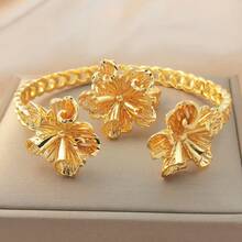 Conjunto de Pulseira e Anel Floral, Conjunto de Joias de Corrente Oca Elegante, Adequado como Presente do Dia das Mães para Senhoras, Usar para o Dia a Dia e Festivais - Ouro amarelo - Visão 7