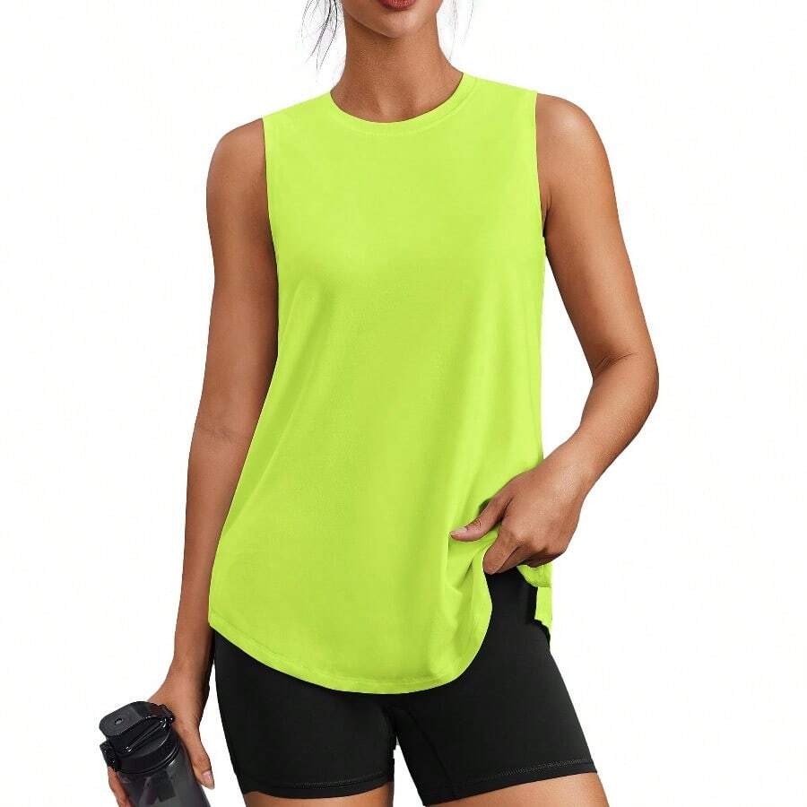 PINSPARK Workout Tops For Women Sleeveless Athletic Tank Tops UPF 50+ Running Tanks With Side Slits Loose Fit Gym Yoga Shirt - Lime Green - View 1