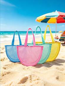 1pc Beach Toy Storage Bag, Tote Bag, Solid Color Mesh Bag, Beach Digging Tools, Multi-Compartment Storage Bag, Essential For Vacation And Travel - Multicolor - View 3