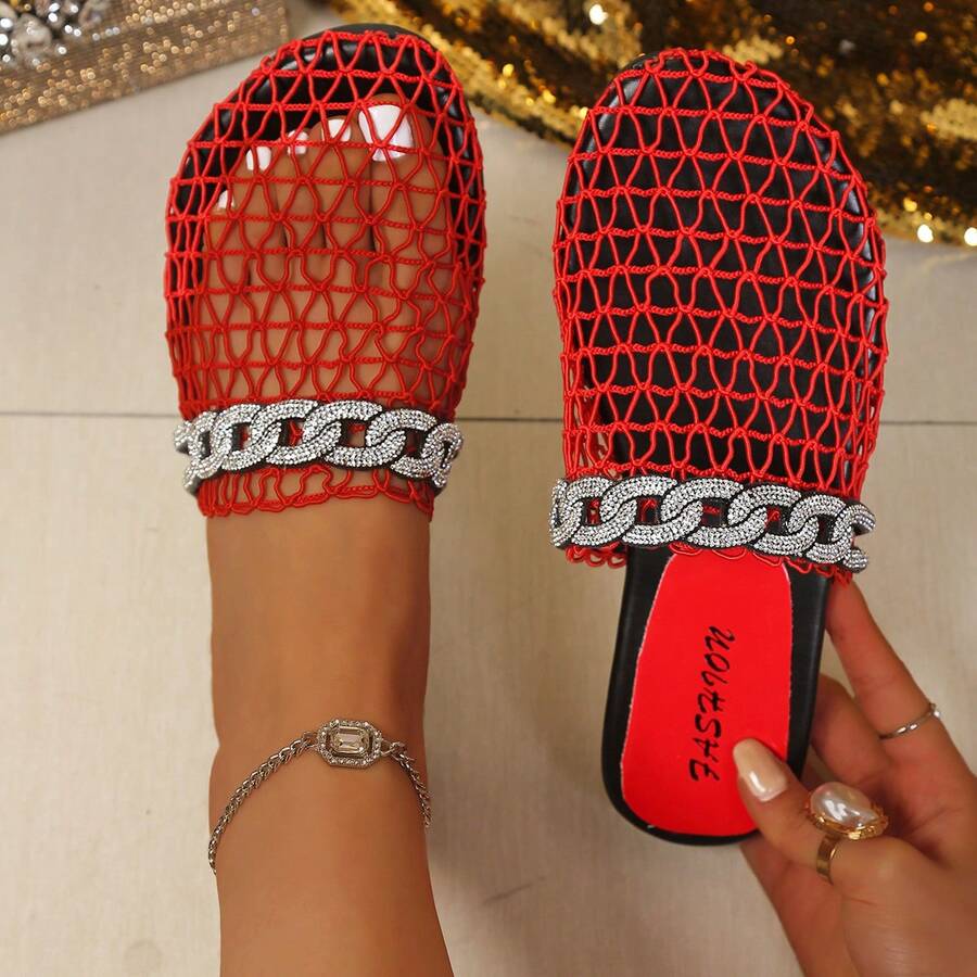 2026 Summer New Fashion Rhinestone Casual Comfortable Non-Slip Beach Slippers For Women - Red - View 1