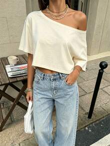 1pc Solid Color Asymmetric-Shoulder Cropped T-Shirt, Casual & Date Wear, Spring/Summer - Apricot - View 3