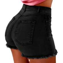 2025 pantalones cortos Retro desgastados con borde rasgado para mujer, pantalones cortos de cintura alta lavados con trasero, bolsillos laterales ajustados, pantalones cortos informales para fiesta y Club - azul claro - Ver 2