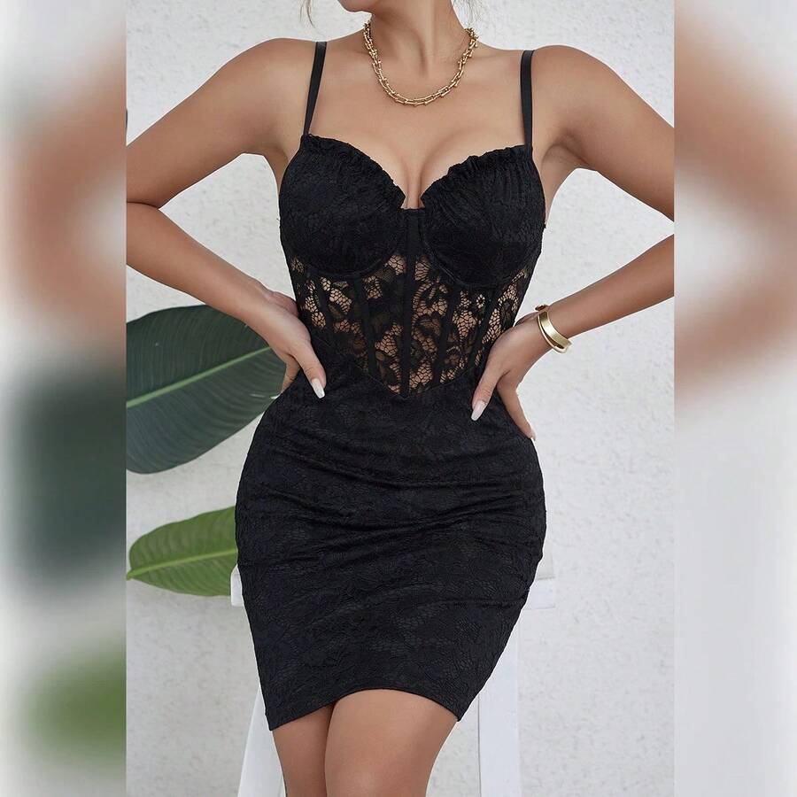 Negro sin mangas sin espalda 2024 Y2k falda corta de encaje Floral Sexy ahuecado malla transparente con cuello en V ceñido al cuerpo vestido de fiesta caliente - Negro - Ver 1