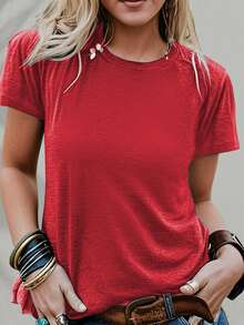Women's 1776 USA Patriotic Graphic Tee, Red Summer Tops, 4th Of July Vacation Outfits For Women, Fashion Summer Clothes, Patriotic Graphic Tees - 紅色 - 查看 5