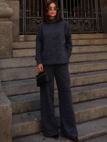 Women's Set Including A Turtleneck Long-Sleeved Blouse With High-Waisted Wide-Leg Trousers In Premium Ribbed Knit - Suitable For Cold Winters, Elegant Tailoring, Comfortable Turtleneck, Wide Leg, Casual Everyday Wear, Warm Gray. - 灰色 - 查看 1