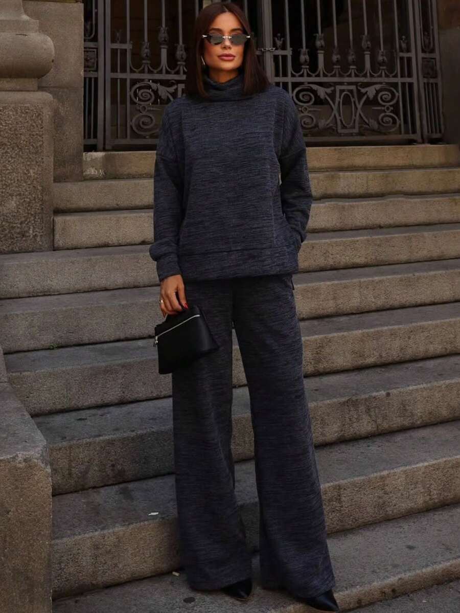 Women's Set Including A Turtleneck Long-Sleeved Blouse With High-Waisted Wide-Leg Trousers In Premium Ribbed Knit - Suitable For Cold Winters, Elegant Tailoring, Comfortable Turtleneck, Wide Leg, Casual Everyday Wear, Warm Gray. - 灰色 - 查看 1