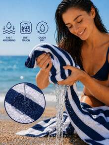 100% Cotton Striped Beach Towel - Sand-Free & Ultra Absorbent & Made In Türkiye - Navy Blue - View 8