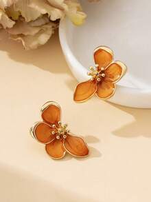 1 Pair Elegant French Retro Versatile Handmade Enamel Gradient Orange Half Flower Stud Earrings, Suitable For Beach, Date, Travel, Best Gift For Girlfriend - Orange - View 5