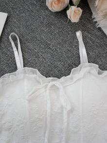 女款黑色蕾絲提花內搭背心，胸部加墊，無肩帶短版內搭衫，休閒白色夏季款 - 白色 - 查看 9