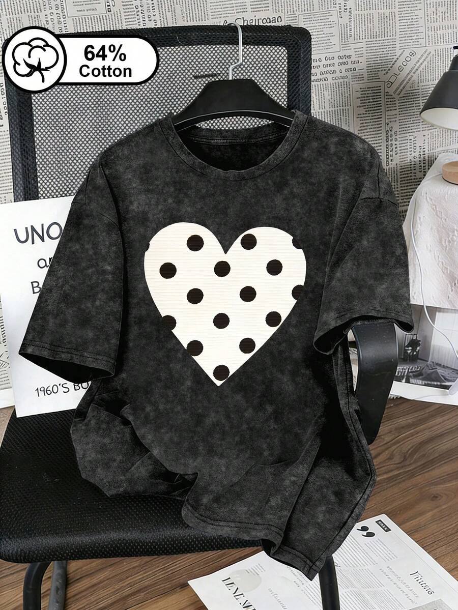 大码女式T恤,波点爱心印花,复古雪花水印T恤,适合户外穿着,女士夏季上衣 - 黑色 - 查看 1