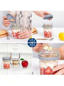 Portable Overnight Oats Jars With Spoon, Glass Yogurt Cups, Leak-Proof Breakfast Containers, Ideal For Meal Prep, Travel, Camping, RV Trips, Back To School, And Holiday Party Gifting, Kitchen & Outdoor Use - Multicolor - View 6