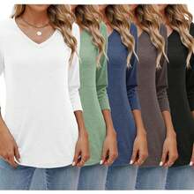 5pcs Set 2025 European And American Fashion Women's 3/4 Sleeve V-Neck Loose Fit Casual Solid Color Basic T-Shirt Blouse - 混合顏色 - 查看 1