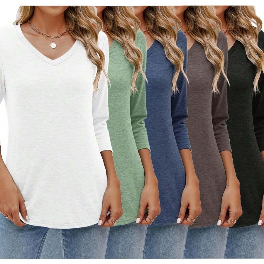 5pcs Set 2025 European And American Fashion Women's 3/4 Sleeve V-Neck Loose Fit Casual Solid Color Basic T-Shirt Blouse - 混合顏色 - 查看 1