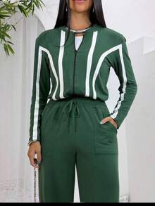 Conjunto feminino calça pantalona e jaqueta com ziper Praia Escritorio Ferias    Outono e Inverno - Verde Escuro - Visão 3
