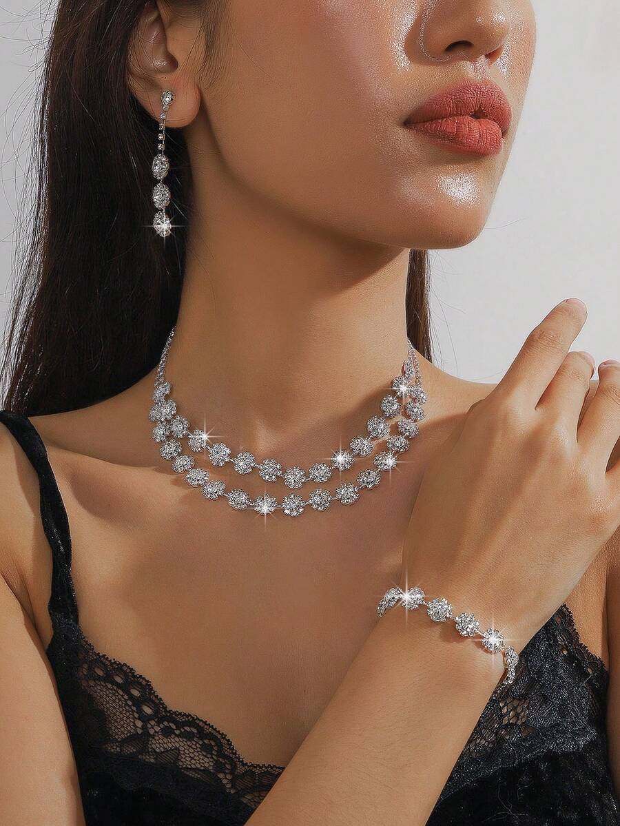 Bộ phụ kiện cưới 3 món: Dây chuyền đính kim cương hình hoa hướng dương hai lớp, bông tai và vòng tay. - Bạc - Xem 1