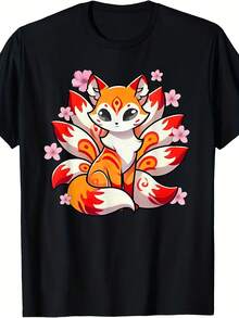 Unisex t-shirt i ren bomull, japansk Kitsune-räv med nio stjärtar för män och kvinnor - Ren retro anime manga grafisk t-shirt med körsbärsblommande Kitsune-rävar för vardagskläder, sommar-t-shirt, blus, enkla toppar, toppar, kreativ design, utomhuslek, cool stil, rolig design, perfekt för utomhuslek - Svart - Visa 1