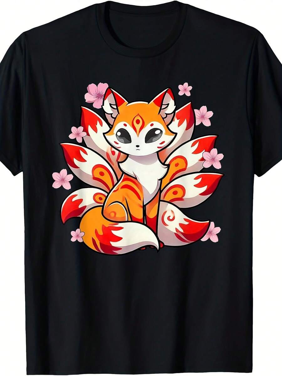 Unisex t-shirt i ren bomull, japansk Kitsune-räv med nio stjärtar för män och kvinnor - Ren retro anime manga grafisk t-shirt med körsbärsblommande Kitsune-rävar för vardagskläder, sommar-t-shirt, blus, enkla toppar, toppar, kreativ design, utomhuslek, cool stil, rolig design, perfekt för utomhuslek - Svart - Visa 1