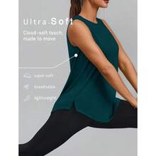 PINSPARK Workout Tops For Women Sleeveless Athletic Tank Tops UPF 50+ Running Tanks With Side Slits Loose Fit Gym Yoga Shirt - 苔蘚藍綠色 - 查看 4