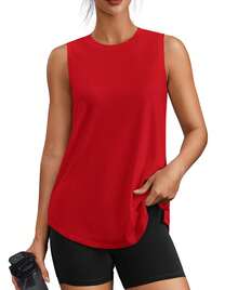 PINSPARK Workout Tops For Women Sleeveless Athletic Tank Tops UPF 50+ Running Tanks With Side Slits Loose Fit Gym Yoga Shirt - Red - View 7