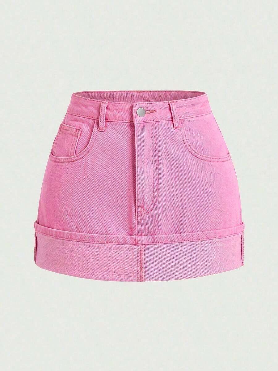 Minifalda de mezclilla lavada y desgastada de estilo casual para mujer, para el verano - Rosa - Ver 1