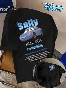 Disney Cars Sally Graphic T-Shirt, Classic Short-Sleeved Crew Neck T-Shirt With A Cute Sally Car And Lightning McQueen Print, Soft, Breathable 100% Cotton Top For Everyday Wear, Inspired By The Disney Cars Animated Series, Perfect Gift For Disney Fans, Simple Basic T-Shirt For Men And Women, Great Gift For Birthdays, Christmas, Halloween And Other Holidays, Suitable For Home, Outings, School And Daily Commute, Fashionable Casual T-Shirt With A Cute Cartoon Print - 黑色 - 查看 1
