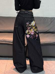 1件美式街頭風女款刺繡寬鬆寬腿牛仔長褲，四季休閒黑色秋季款 - 黑色 - 查看 1