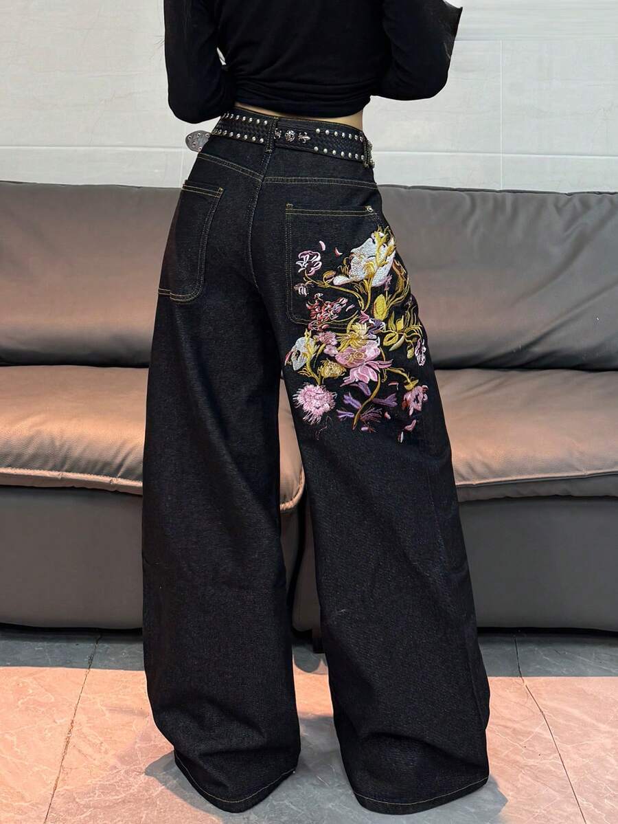 1件美式街頭風女款刺繡寬鬆寬腿牛仔長褲,四季休閒黑色秋季款 - 黑色 - 查看 1