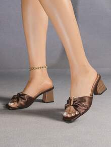 Women's Brown Round Ring Decor Pleated Open Toe Chunky High Heel Slide Sandals - Brown - View 3