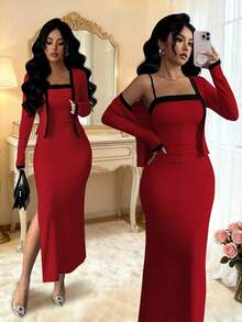 Set de 2 piezas de Vestido de tirantes y Cárdigan de manga larga con bloque de color elegante para mujer, adecuado para fiesta, reunión familiar, Navidad, Halloween, San Valentín, Año Nuevo, ir al trabajo y uso diario casual, otoño/invierno - Rojo - Ver 1