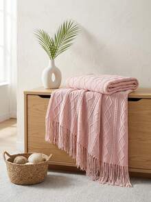 1pc Wavy Pattern Blanket, Nordic Style Acrylic Rectangular Tassel Solid Color Sofa Cover Blanket, Bedding Decor Throw Rug, Nap Blanket, Knitted Blanket - Vertical Diamond-shaped Powder - View 2