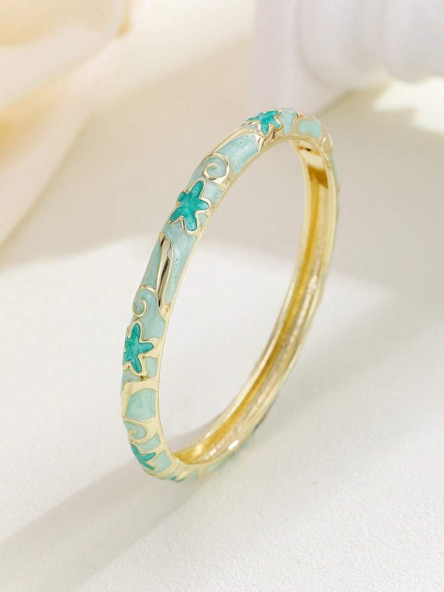 1 chiếc vòng tay thời trang phong cách Boho mới, mạ vàng, họa tiết ngôi sao, tráng men cloisonne, trang sức dành cho bé gái và phụ nữ. - Màu ngọc lam - Xem 1