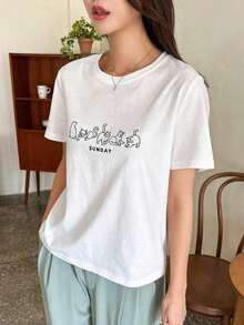 Camiseta con gráfico de dibujos animados y letras, estilo preppy - Blanco - Ver 2