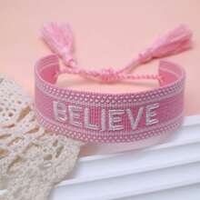 1pc Handmade Adjustable "BELIEVE" Embroidered Bracelet, Vintage Minimalist Style Inspirational Gift For Family And Friends - Baby Pink - View 7