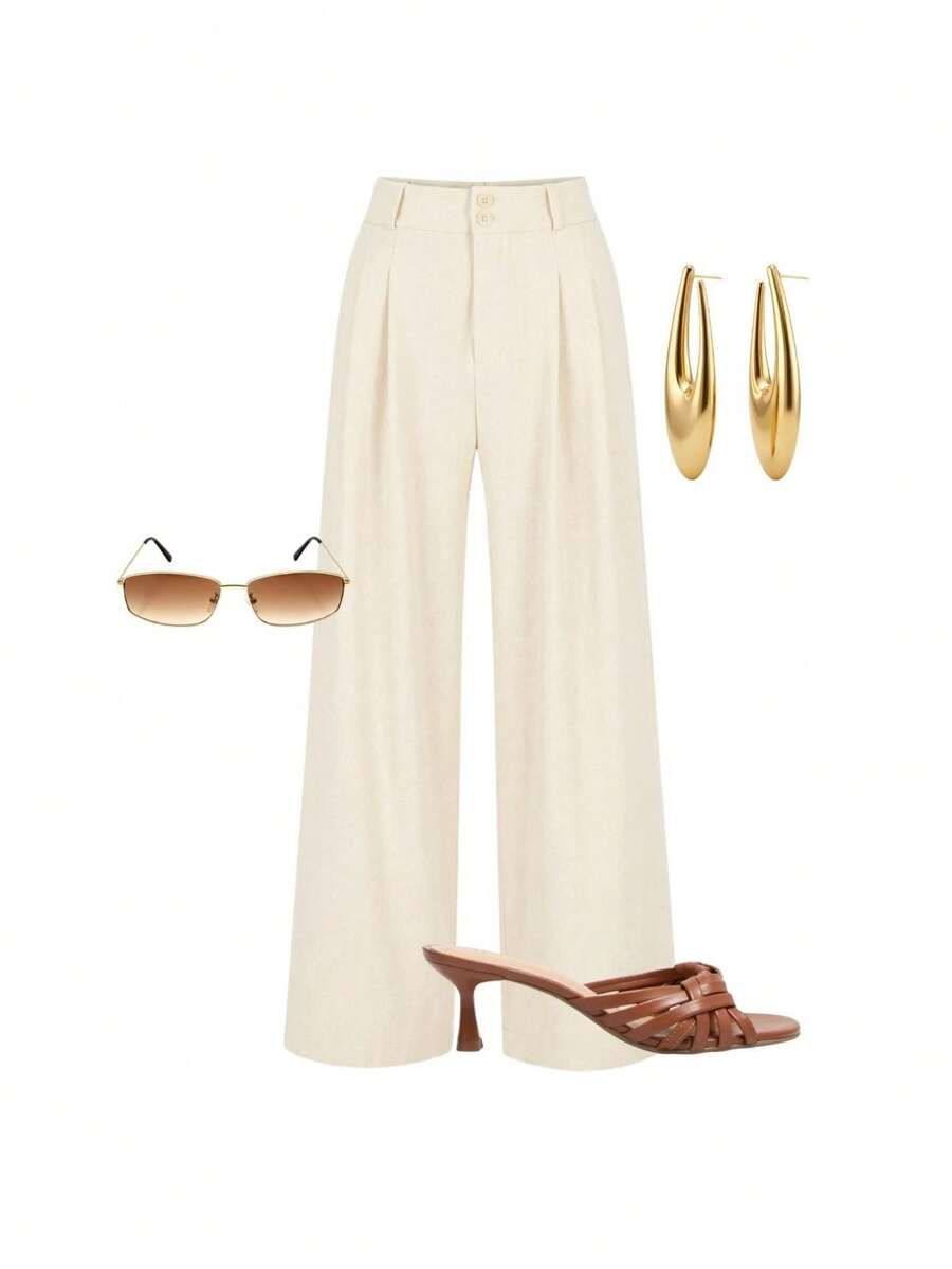 Women's Casual High Waist Wide Leg Pants With Pockets - White - View 1