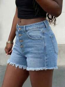 Minimalist Personalized Versatile Daily Vacation Style Women Light Wash Denim Frayed Hem 4-Button Design Shorts Casual Summer - Lavado ligero - Ver 3
