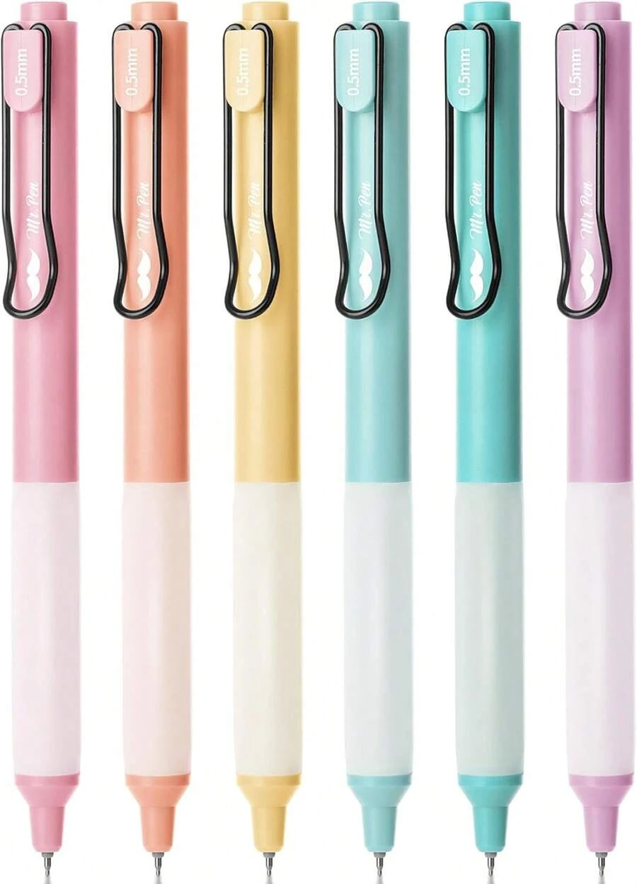 Mr Pen- Retractable Gel Pens, 6 Pack, Black Ink, Pastel Barrels, Fine Point 05 Mm, Fast Dry, Smooth Writing, Cute Gel Ink Pens For Drawing, Journaling, Writing Planner And School Supplies - White - View 1