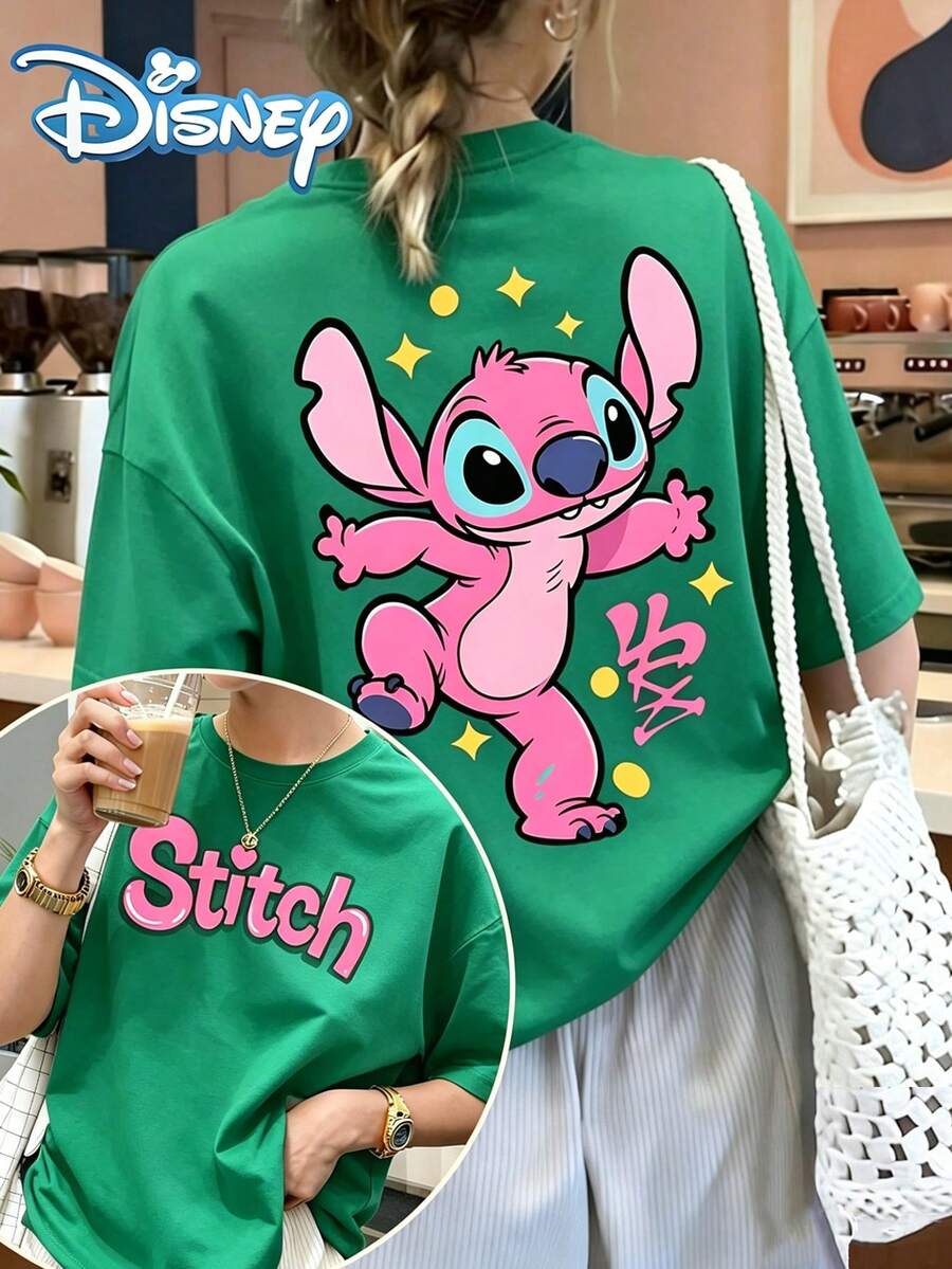 Disney-Themed, Vibrant Pink Stitch Jumping Pattern Print Oversized Women's Fashion Crew Neck T-Shirt, Perfect For Spring And Summer Casual Wear-A Thoughtful Gift For Her. - 綠色 - 查看 1