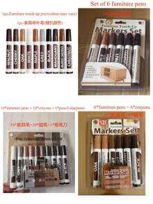 Kit de herramientas de reparación de madera, que incluye bolígrafo de reparación de vetas de madera y barras de relleno de cera, adecuado para reparar arañazos y abolladuras en pisos, mesas y superficies de madera, con caja de almacenamiento de plástico. Marcadores de retoque de muebles de alta calidad, disponibles en varios colores, ideales para restaurar la pérdida de pintura/color, manchas y coloración en pisos, mesas y postes de cama de madera. Estilo aleatorio - Múltiples estilos - Ver 11